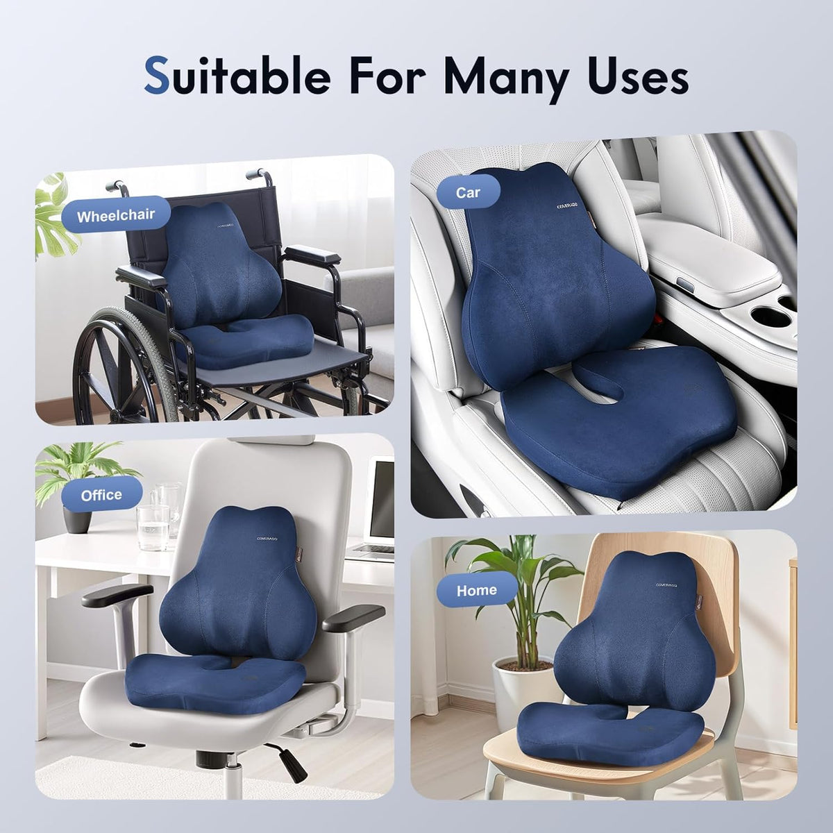 Coverado Memory Foam Car Seat Cushion and Lumbar Support Pillow for Car, Ergonomic Office Chair Cushion for Lower Back Pain Relief, Breathable & Non-Slip for Car, Home, and Office Use, Blue
