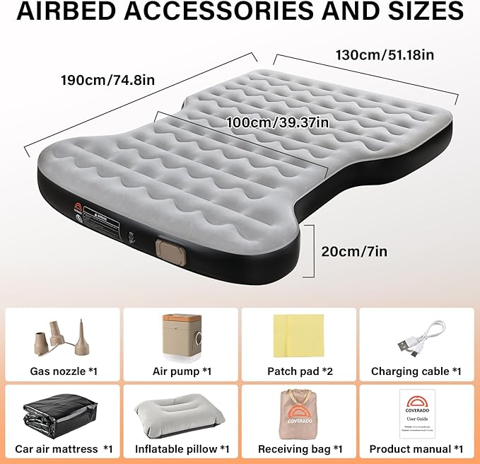 Coverado Car Air Mattress for Tesla Model Y, Self Inflating Car Sleeping Pad with Wireless Air Pump, 7" Thickened Tesla Model Y Mattress, Comfort Flocking Camping Bed, Model Y Accessories 2025-2021