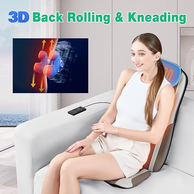 Shiatsu Back Massager with Heat, Massage Chair Pad Seat Cushion for Stress Relief, Deep Tissue Kneading & Roller, 2 Vibration Motors, Back Waist Hip Massager, PU Leather, with 2 Adapters