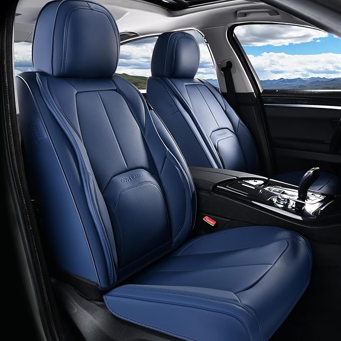 Coverado Seat Covers, Car Seat Covers Front Seats, Premium Nappa Leather Seat Covers for Cars, Waterproof Car Seat Protector with Lumbar Support, Front Seat Covers Universal Fit for Most Cars (Blue)