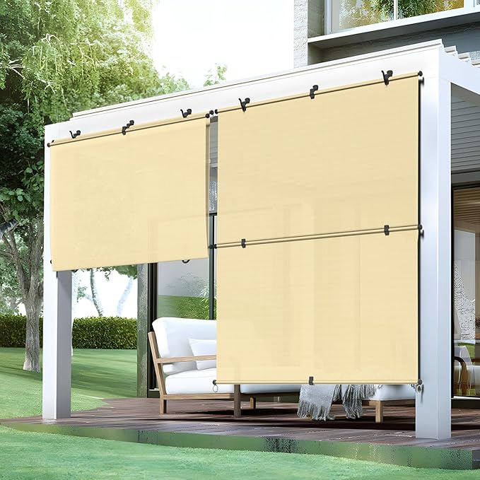 Bynbbur 7'W x 9'H Outdoor Patio Shades Foldable Roller Blinds, 220 GSM Sun Shade Roll Up Porch Screens Exterior Shade Cloth for Deck Pergola Backyard, Beige