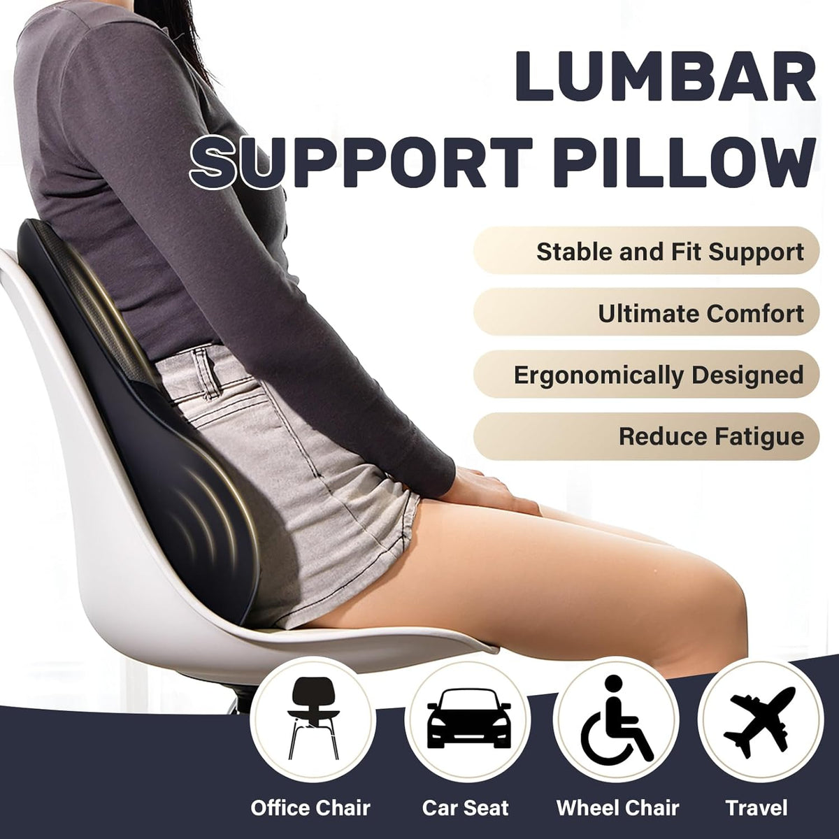 Coverado Lumbar Support Pillow for Car, Ergonomic Memory Foam Back Pillow for Office Chair, Back Cushion for Back Pain Relief, PU Leather Car Lumbar Support for Driving Seat - Black&Gray