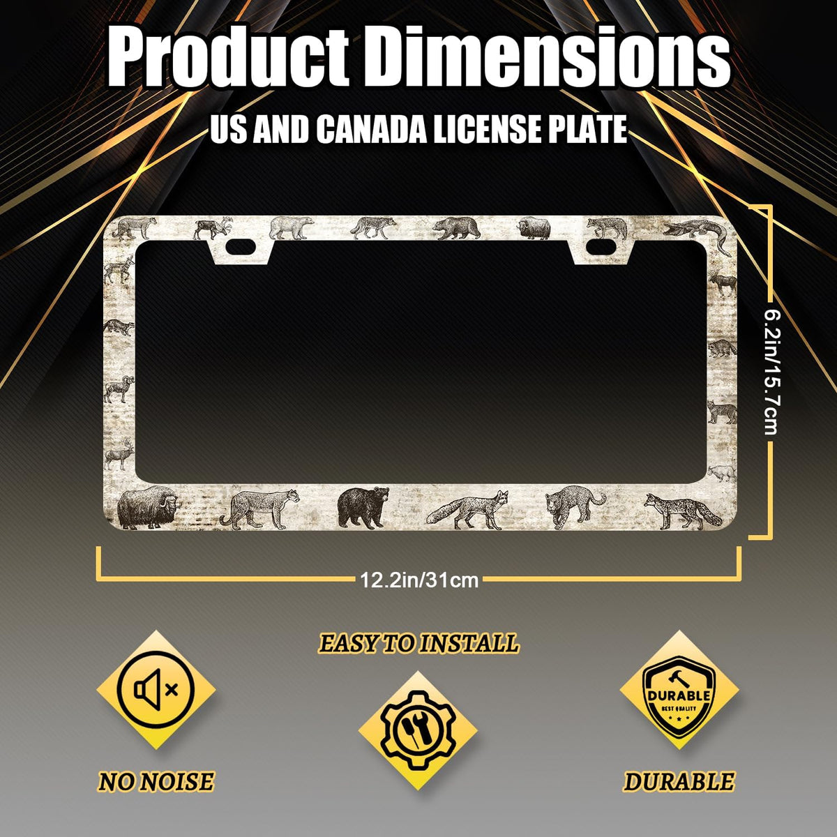 Animals License Plate Frame Bear Deer Horse Tiger License Plate Holder Stainless Steel Funny Design with 2 Holes and Screws 12.3" x 6.3"