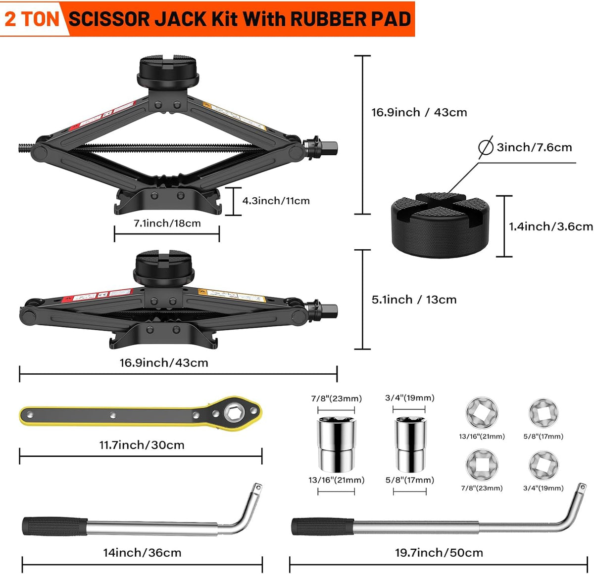 Universal Scissor Jack 2 Ton, 5.1"-16.9" Lifting Range Heavy Duty Car Jack Kit with Jack Pad, Portable Tire Changing kit with Lug Wrench, Tire Jack for Car SUV MPV