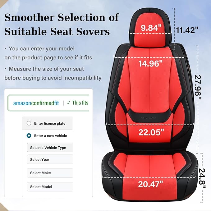 Coverado Seat Covers, Car Seat Covers Front Seats, Car Seat Cover, Car Seat Protector Waterproof, Car Seat Cushion Nappa Leather, BlackRed Seat Covers Carseat Cover Universal Fit for Most Cars