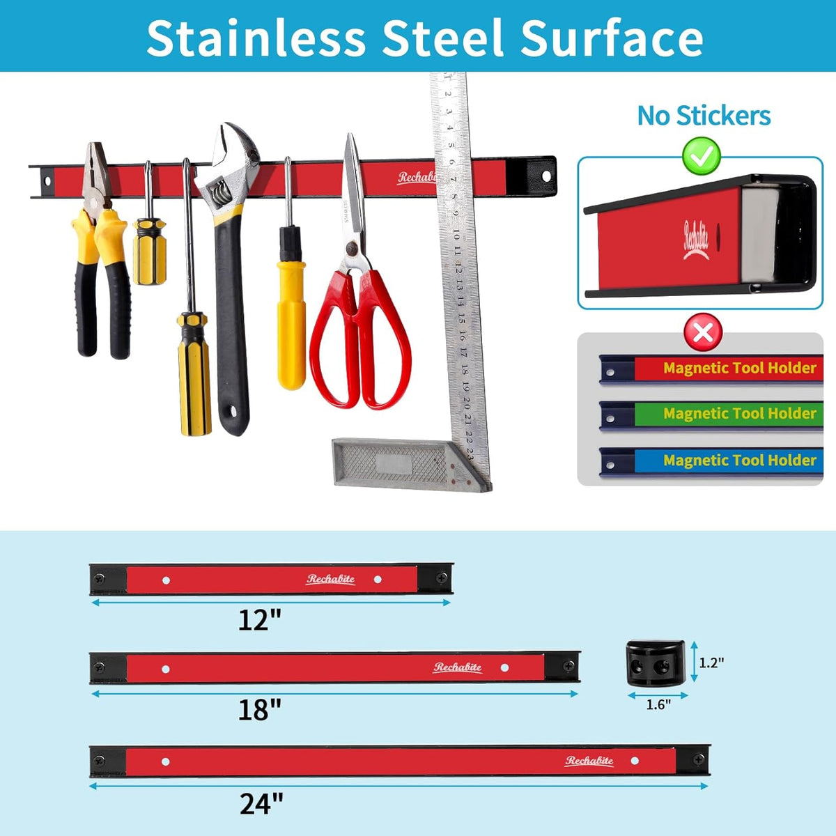 6 Pieces 18" Magnetic Tool Holder Strip, Red Magnet Bar, Metal Tool Organizer Rack for Garage Organization, Easy To Install in Workshop, Mounting Screws Included