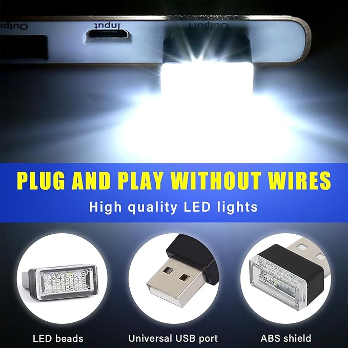 Augeny 4 PCS USB LED Car Interior Atmosphere Lamp, Plug-in USB Decor Night Light, Portable Auto Ambient Lighting Kit, Universal Vehicle Interior Accessories for Most Cars (White & Ice Blue)