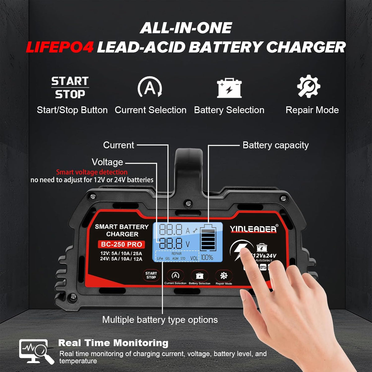 Battery Charger 25A, 12V/24V Lead Acid Smart Battery Charger, 12V LiFePO4 Car Battery Trickle Charger, Automatic Battery Maintainer for Car Motorcycle Lawn Mower Marine Boat Lead Acid Batteries