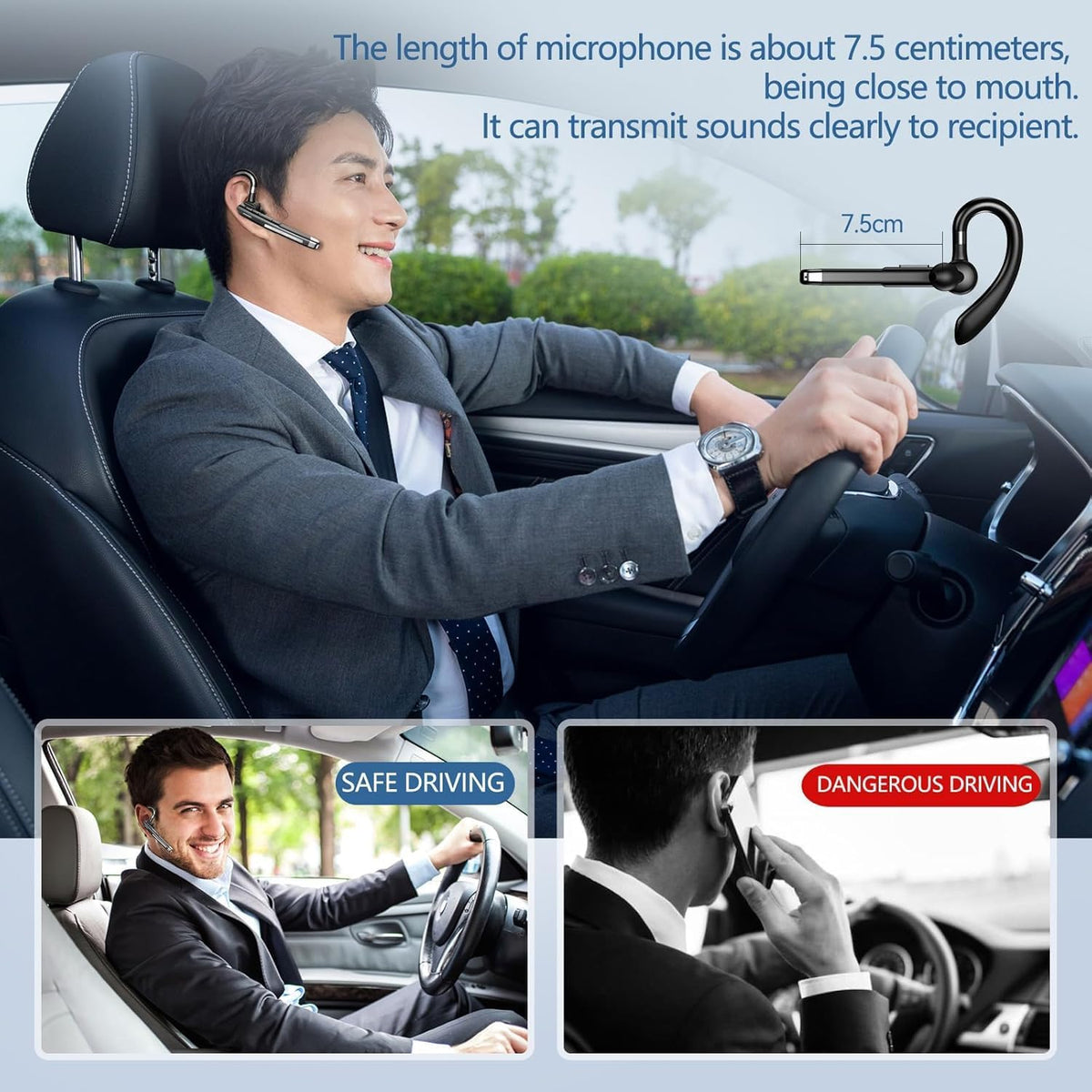 Bluetooth Headset, Wireless Bluetooth Earpiece with mic Trucker Headset for Phone Case Office Phones Built-in Microphone Headphones Manos Libres Noise Cancelling(Black+Silver)