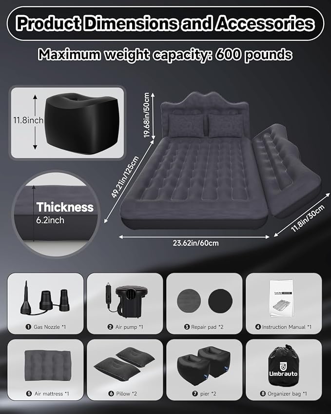 Umbrauto Car Air Mattress Backseat| Inflatable Truck Back Seat Camping Airbed for SUV Rear Seat, Blow Up Sleeping Travel Bed for Van Trunk with Pump & Pillows
