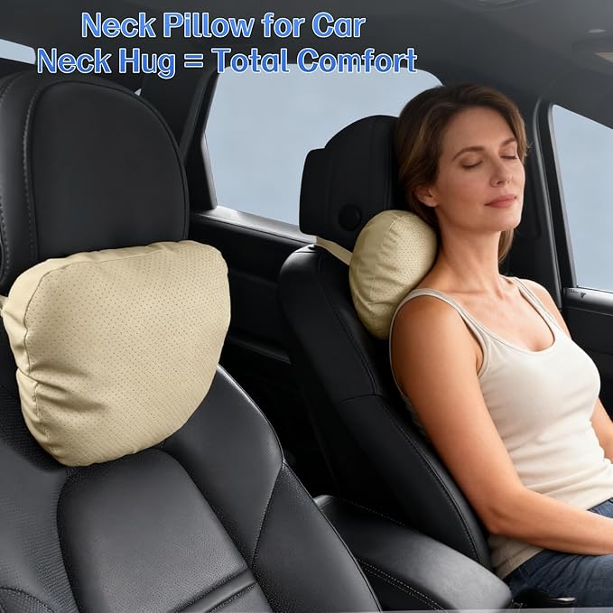 Car Neck Pillow, 2 Pack PU Leather Car Headrest Pillows with Adjustable Strips, Car Neck Support Ergonomic Du-Pont Bio Cotton Pillow, Head Rest Travel Pillow for Car (Beige, Soft Style)