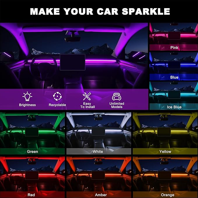 Acrylic Interior Car LED Strip Light with 6mm Sewing Edge - 43.3 inches Ambient Lighting Kits, Neon LED Strip Light(110CM/43.3IN, Red)