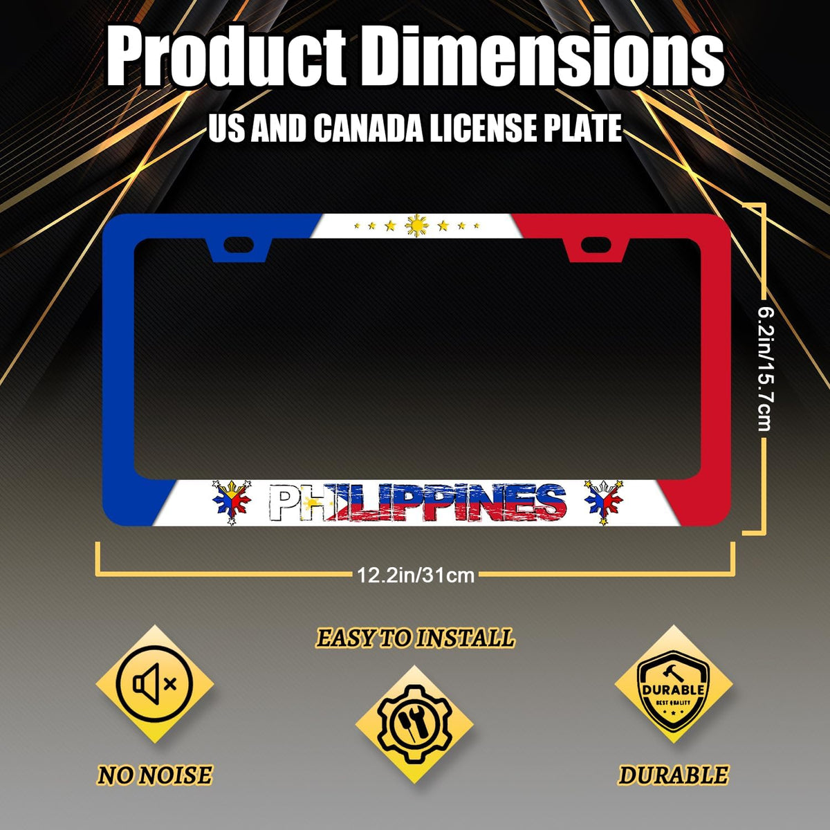 Philippine Flag License Plate Frame Philippines License Plate Stainless Steel Flag Funny Accessories Cars Decor 12.2 X 6.2 Inch with 2 Holes and Screws Fits Standard Us Ca Vehicles