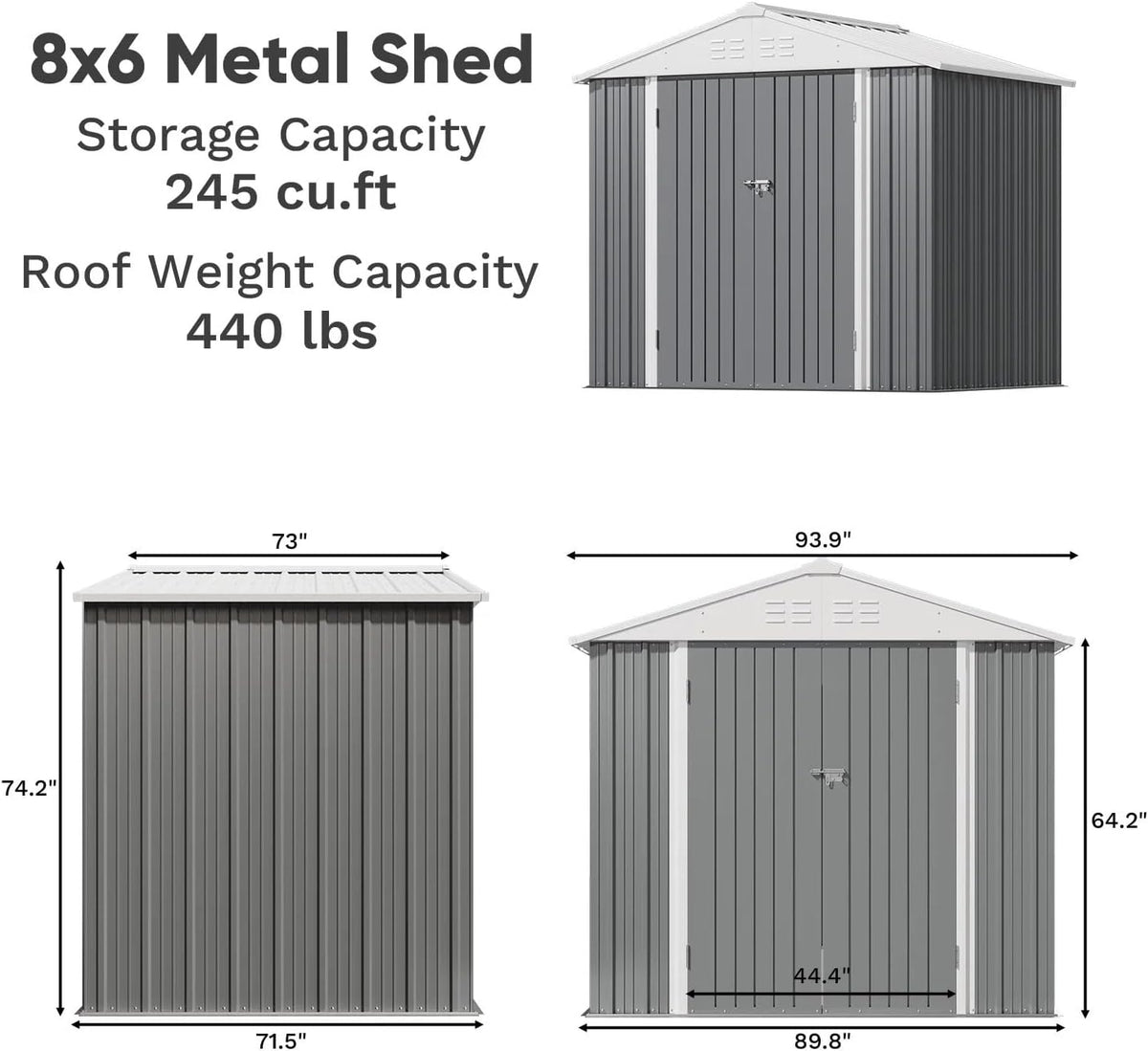 Greesum 8×6FT Outdoor Storage Shed, Metal Patio Storaged Sheds with Lockable Doors, Sheds & Outdoor Storage for Bike, Backyard, Pool and Garden, Gray