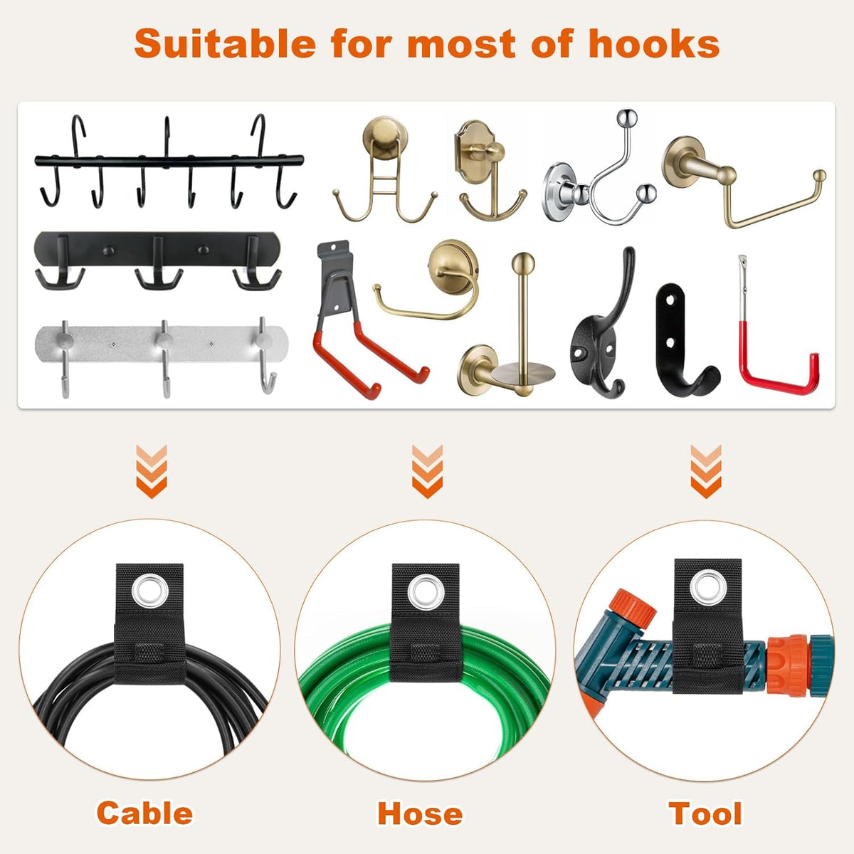 Heavy-Duty Storage Straps，Extension Cord Holder Organizer Variety Pack Holds 55lbs，Fit Easily on Hooks or Nails ， Perfect for Garage Organization 3-pk 10",14" and 18", Black (9, BLACK)