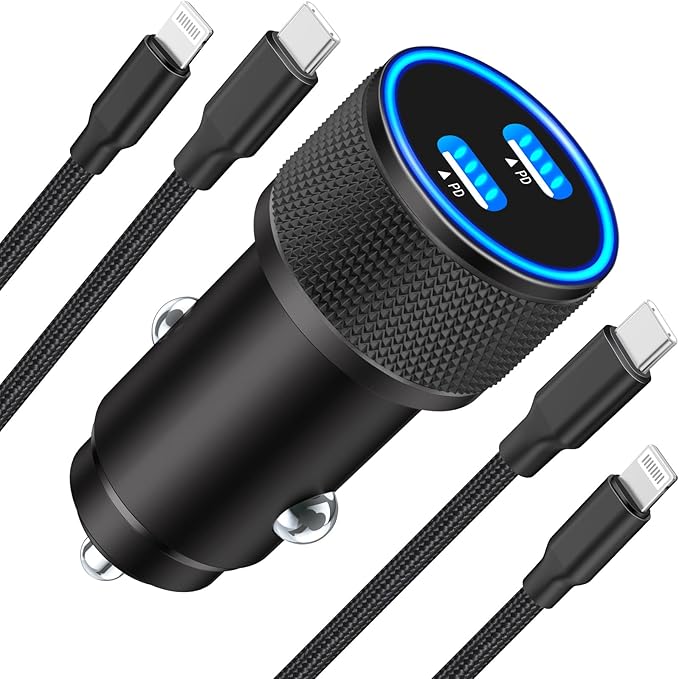 【MFi Certified】iPhone Car Charger Fast Charging, Linocell 60W Dual USB C Car Power Cigarette Lighter Car Carplay Charger with 2Pack Type C to Lightning Braided Cable for iPhone 14 13 12 11 Pro XS iPad
