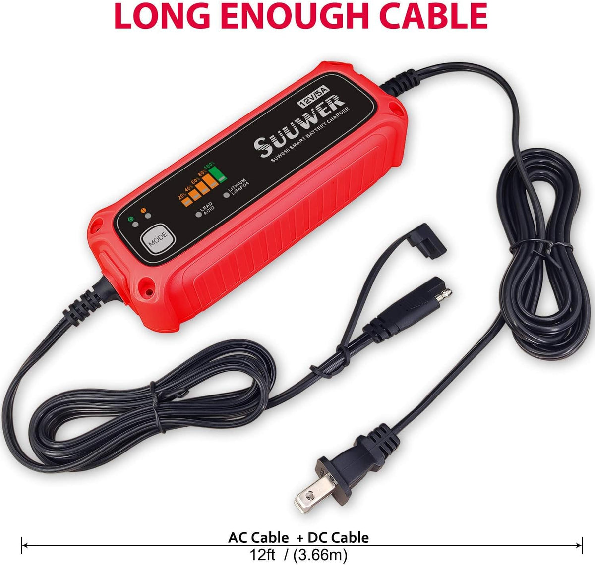 High-Efficiency 12V 5-Amp Smart Car Battery Charger, Battery Maintainer, Trickle Charger, Float Charger and Desulfator for Car, Motorcycle, ATV, Lithium (LiFePO4) and Deep Cycle Batteries