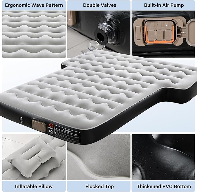 Coverado SUV Air Mattress, Thickened Flocked-Top Car Air Mattress with Wireless Built-in Pump, Pillows, Patch Kit & Carry Bag, Quick&Easy Set Up, SUV Mattress Camping Bed Universal fit for Most Cars