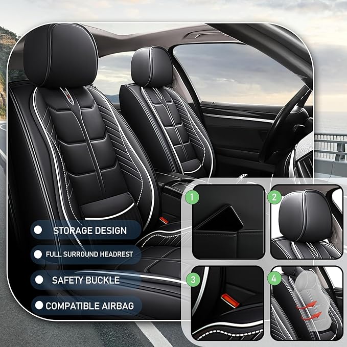 Leather Car Seat Covers Fit for Toyota Camry Solara 2004-2008, 5 Seater Car Seat Cover, Premium Waterproof, Scratch Resistant Car Interior Accessories (Full Set Black White)