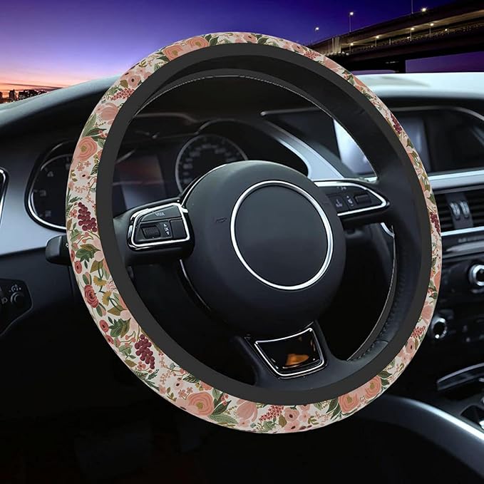 Burgundy Flowers Car Steering Wheel Cover for Women Men, Non-Slip Steering Wheel Protector, Universal 14"-15" Fit for Cars, SUVs, Trucks (Burgundy Flowers)