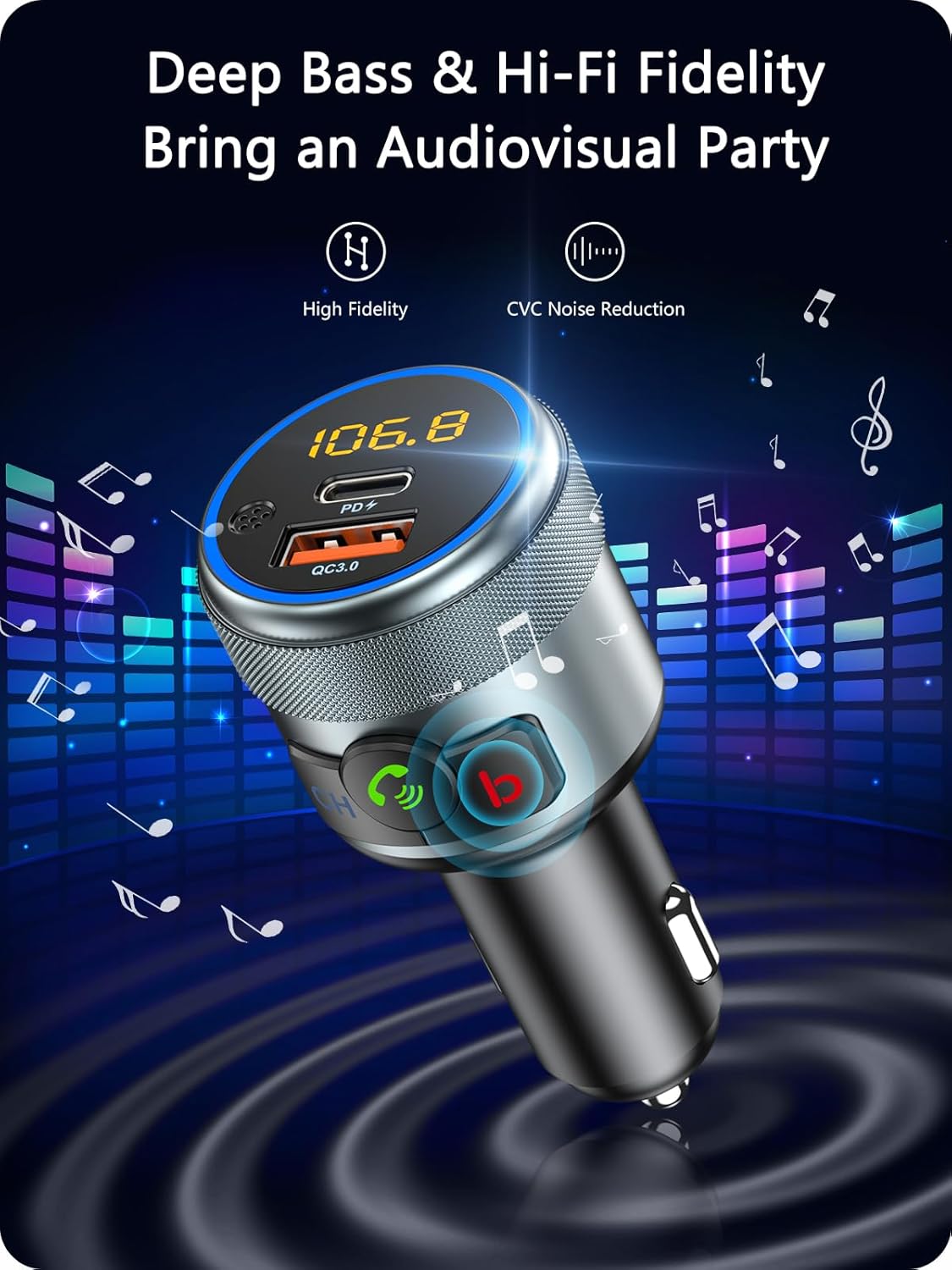 LENCENT Car FM Transmitter, Wireless Bluetooth 5.1 Radio Adapter Car Kit with Big Button, Type C PD 20W and QC3.0 18W Car Fast Charger, Bass Lossless Hi-Fi Sound Music Streaming, Wireless Call