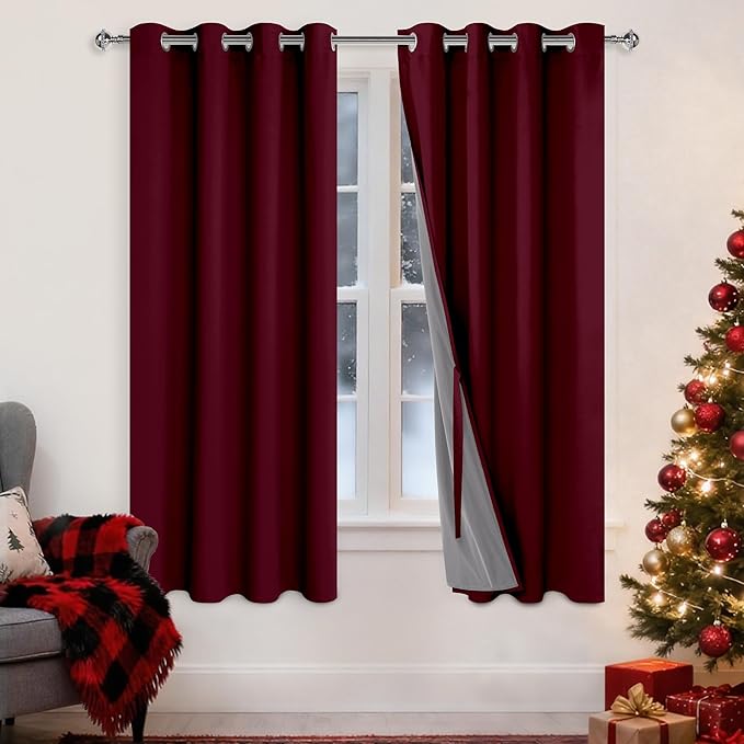 XWZO 100% Blackout Curtains with Tiebacks - Heat and Light Blocking Ring Top Window Drapes with Black Liner Backing for Bedroom Sewn with Tiebacks, Burgundy, W52 x L72, Set of 2