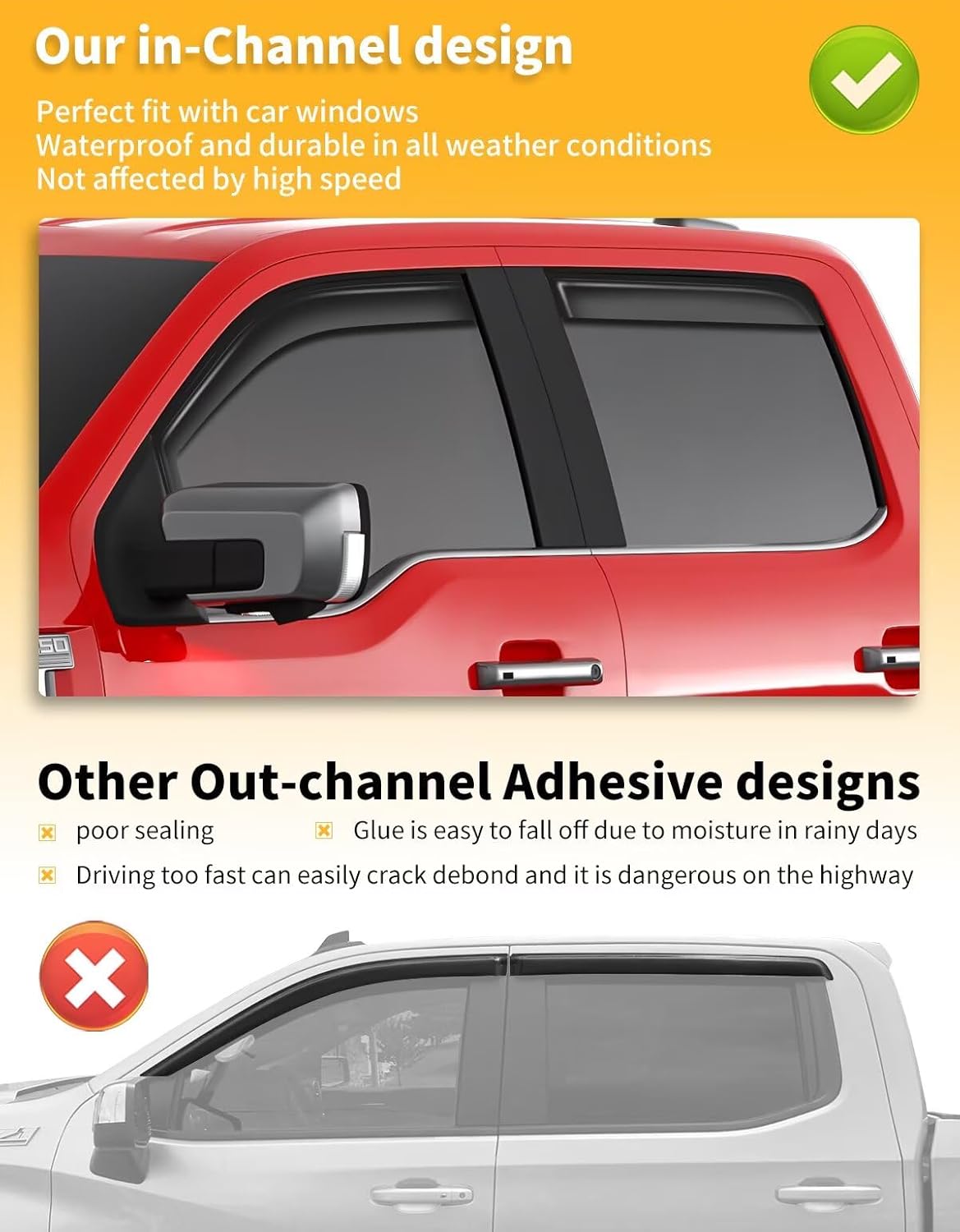 in-Channel Window Rain Guards Fit for Truck Ford F150 2021 2022 2023 2024 2025 SuperCrew Extra Durable Window Visors Window Deflectors Vent Visors Vent Shades Car Accessories-4 pcs 2-Q11-Gai