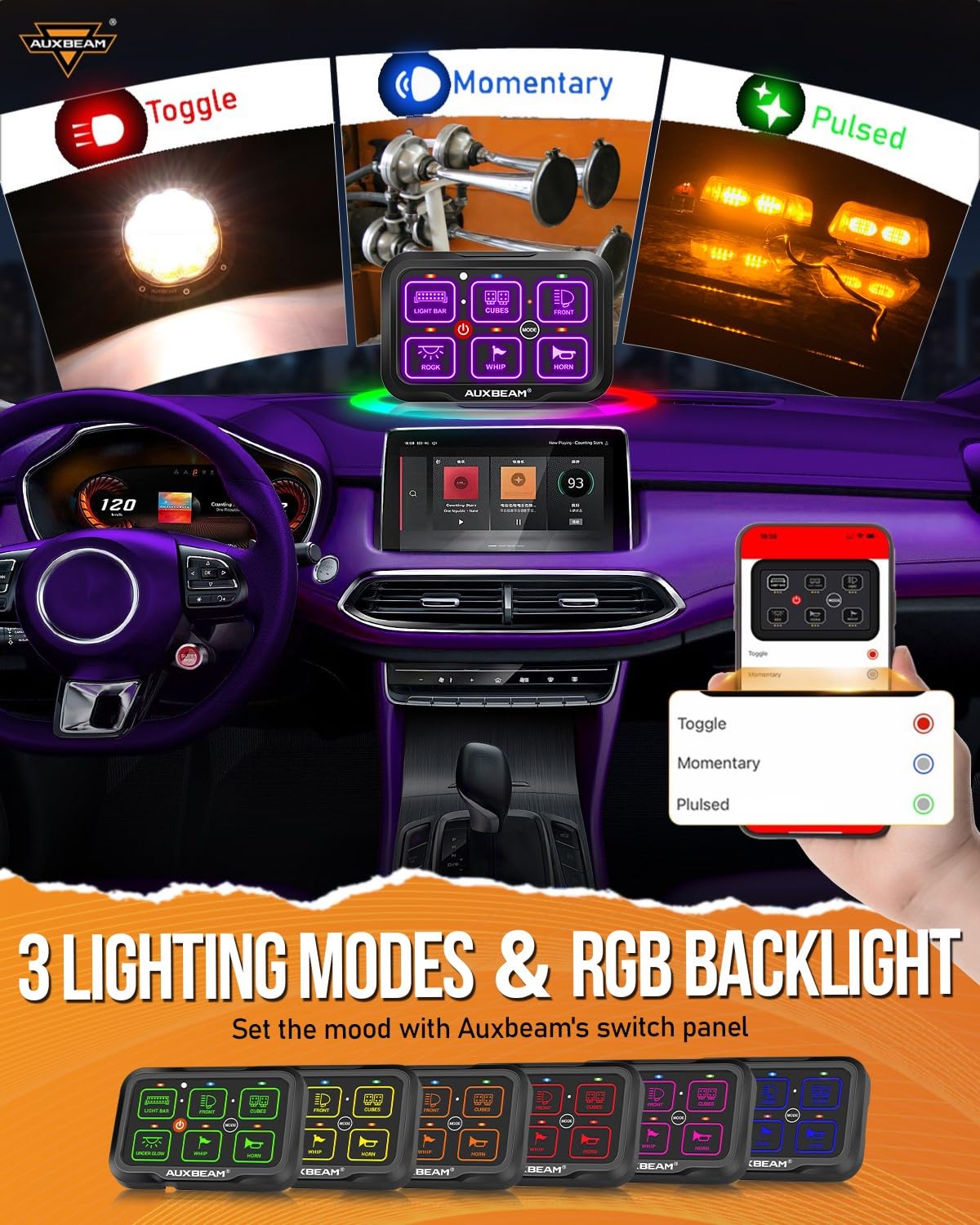 Auxbeam 6 Gang Switch Panel Bluetooth AR-600 RGB Large Button Auxiliary Switch w/Toggle Momentary Pulsed Switch Pod Backlit Off Waterproof 12-24V Panel Pod for UTV Boat Truck RV 2 Years Warranty