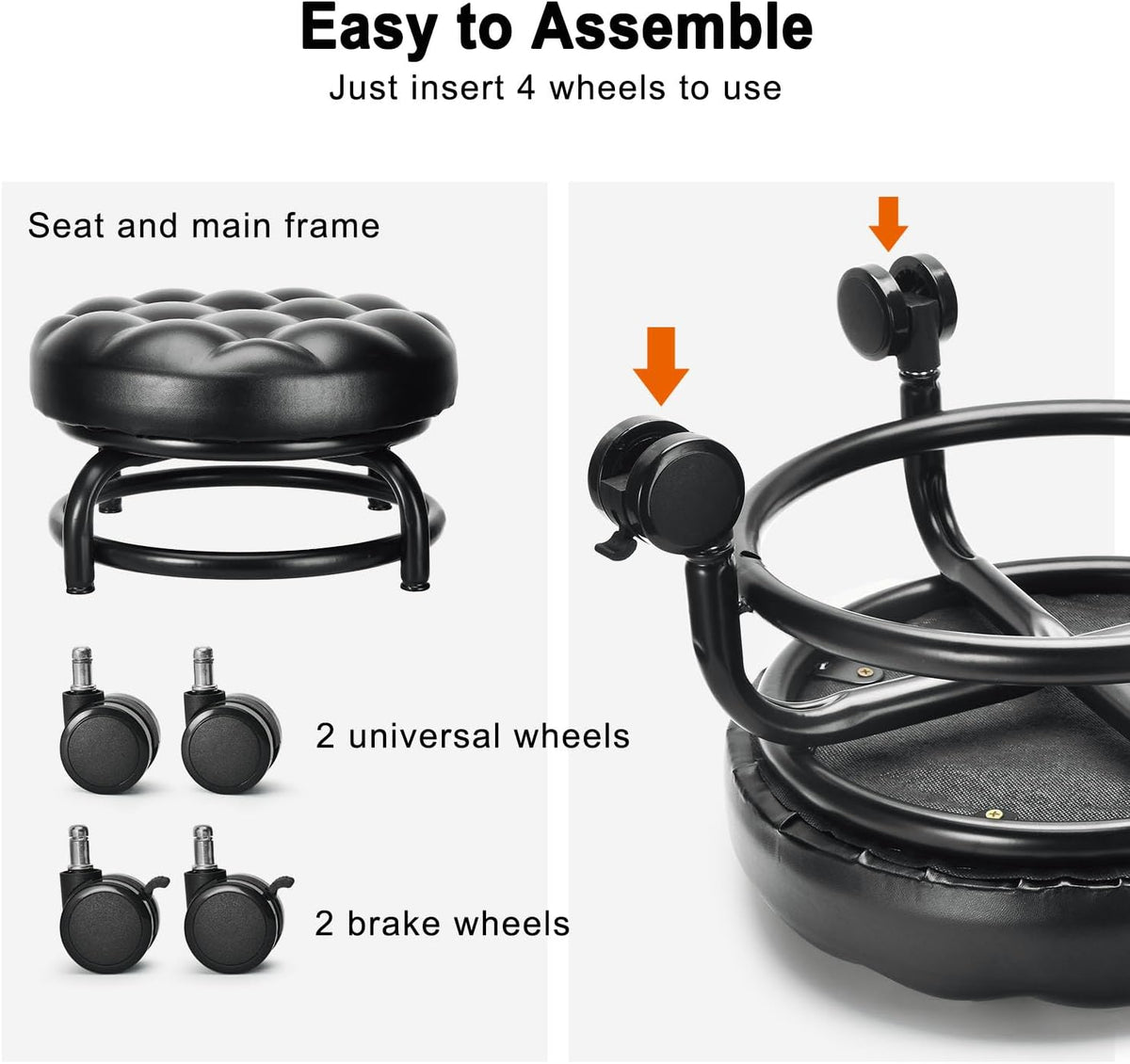 Low Height Rolling Stool Roller Stool PU Leather Comfortable Seat 360°Swivel Rotating, Modern Rolling Chair for Home Office Garage Shop