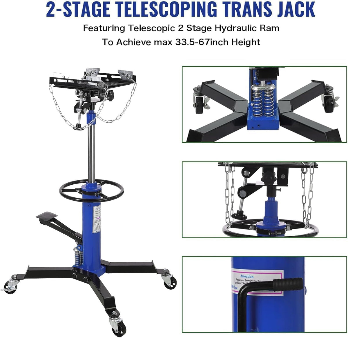 Transmission Jack 1322 LBS Hydraulic Telescoping 2-Stage Lift Jack Stand 33.8"-72.8" High Lift Transmission Jacks with Foot Pedal & 360° Swivel Wheels for for Garage/Workshop Car and Truck Repairs