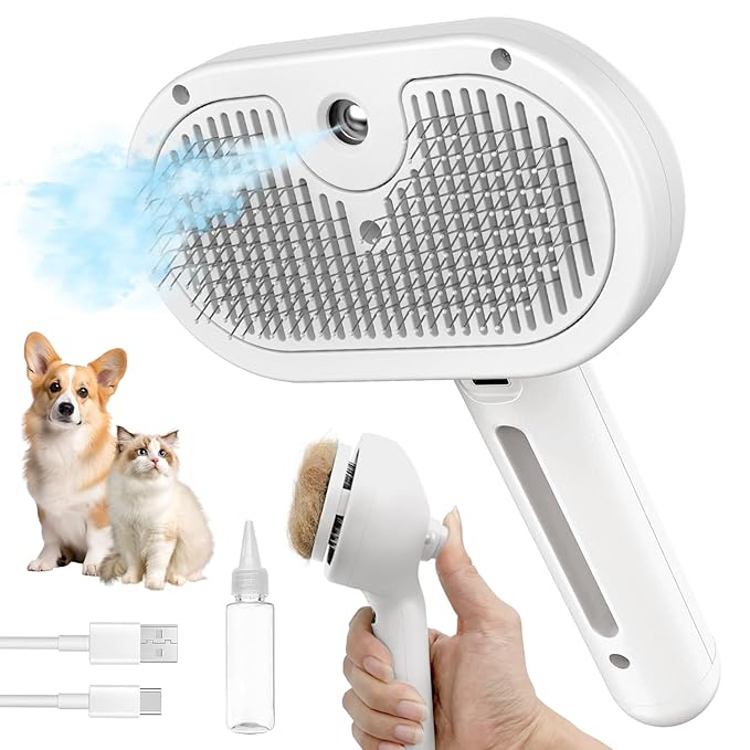 Dog Brush for Shedding, 3 in 1 Self Cleaning Steam Dog Brush - Anti-Static,Cat Steam Brush Removal Comb with Release Button, Grooming Tool for Long and Short Hair Pets, White