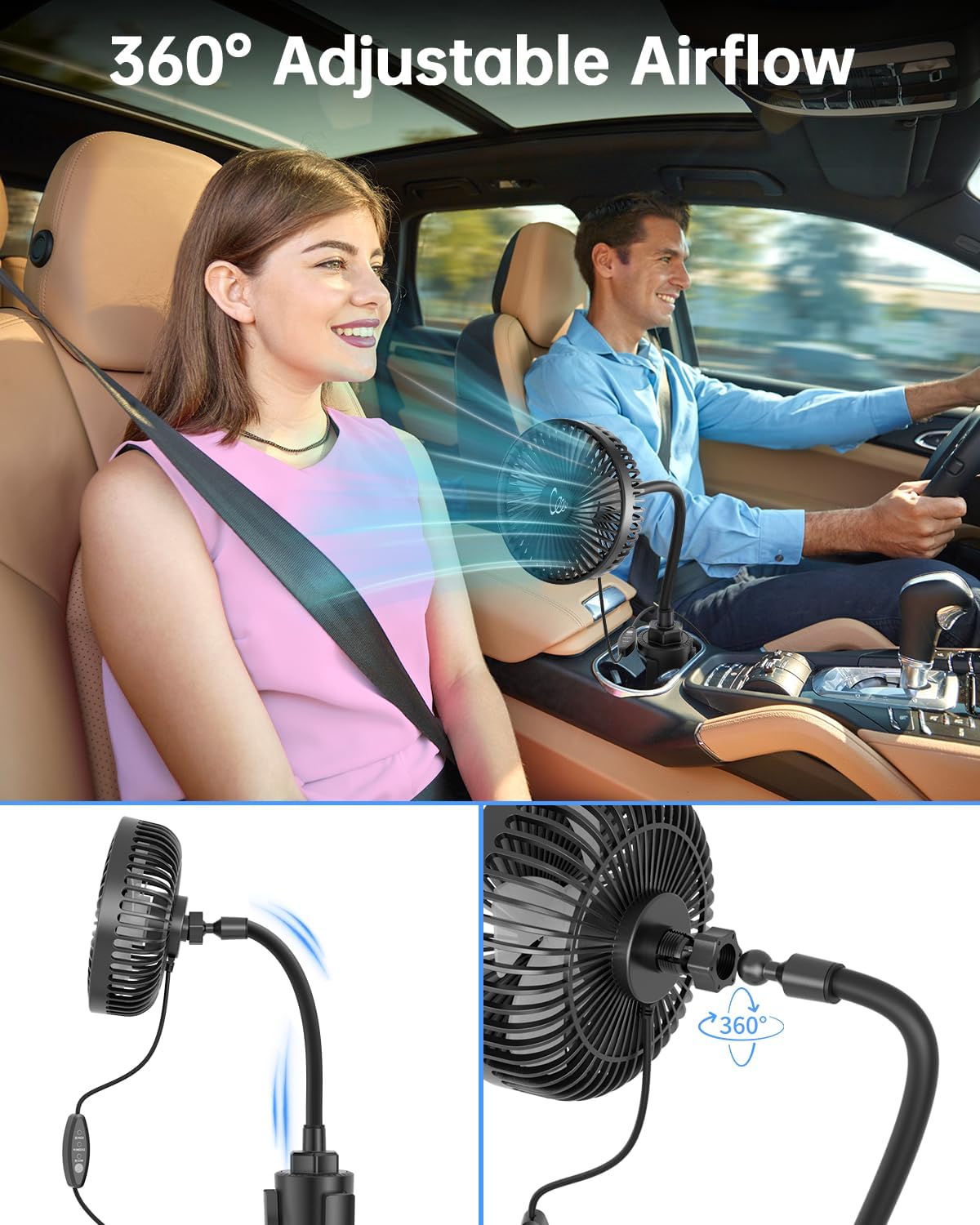 12V Car fan, 3-Speed Portable Vehicle Fan for Front Seat, Cigarette Lighter Powered with Car Charger, Mounted in Cup Holder, 360° Rotation, Car Necessities for Dog/SUV/RV/Truck/Van