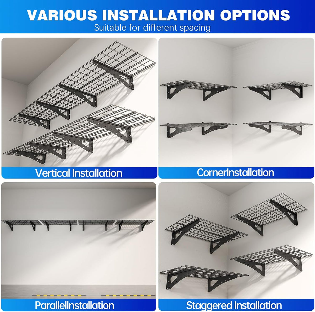 2-Pack Garage Wall Shelving, 2x4ft Walls Shelf Storage Rack, Sturdy Walls Shelves for 550 LBS, Black, Heavy Duty Shelving Wall Mounted for Garage, Warehouse, Storeroom and Basement, 47.2" x 23.6"