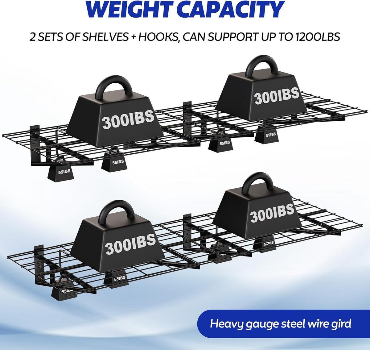 2-Pack Garage Wall Shelving, 2x6 FT Garage Shelving Wall Mounted, Heavy Duty Metal Shelves with 8 Bike Hooks, 1200lbs Load Capacity Floating Shelves, 24-inch-by-72-inch Wire Shelving Wall Mounted