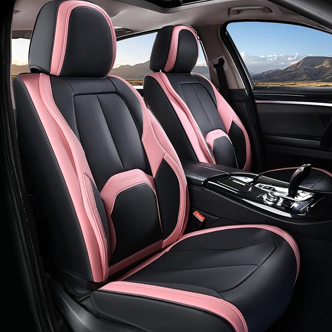 Coverado Car Seat Covers Full Set, Waterproof Nappa Leather Seat Covers for Car, Car Seat Protector with Lumbar Support, Automotive Seat Covers Universal Fit for Most Cars SUV Trucks, (Black&Pink)