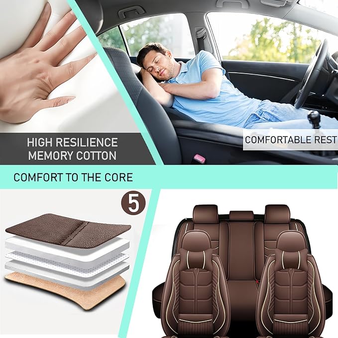 Leather Car Seat Covers Fit for Toyota Matrix 2003-2013, 5 Seater Car Seat Cover, Premium Waterproof, Scratch Resistant Car Interior Accessories (Full Set with Pillow Coffee)