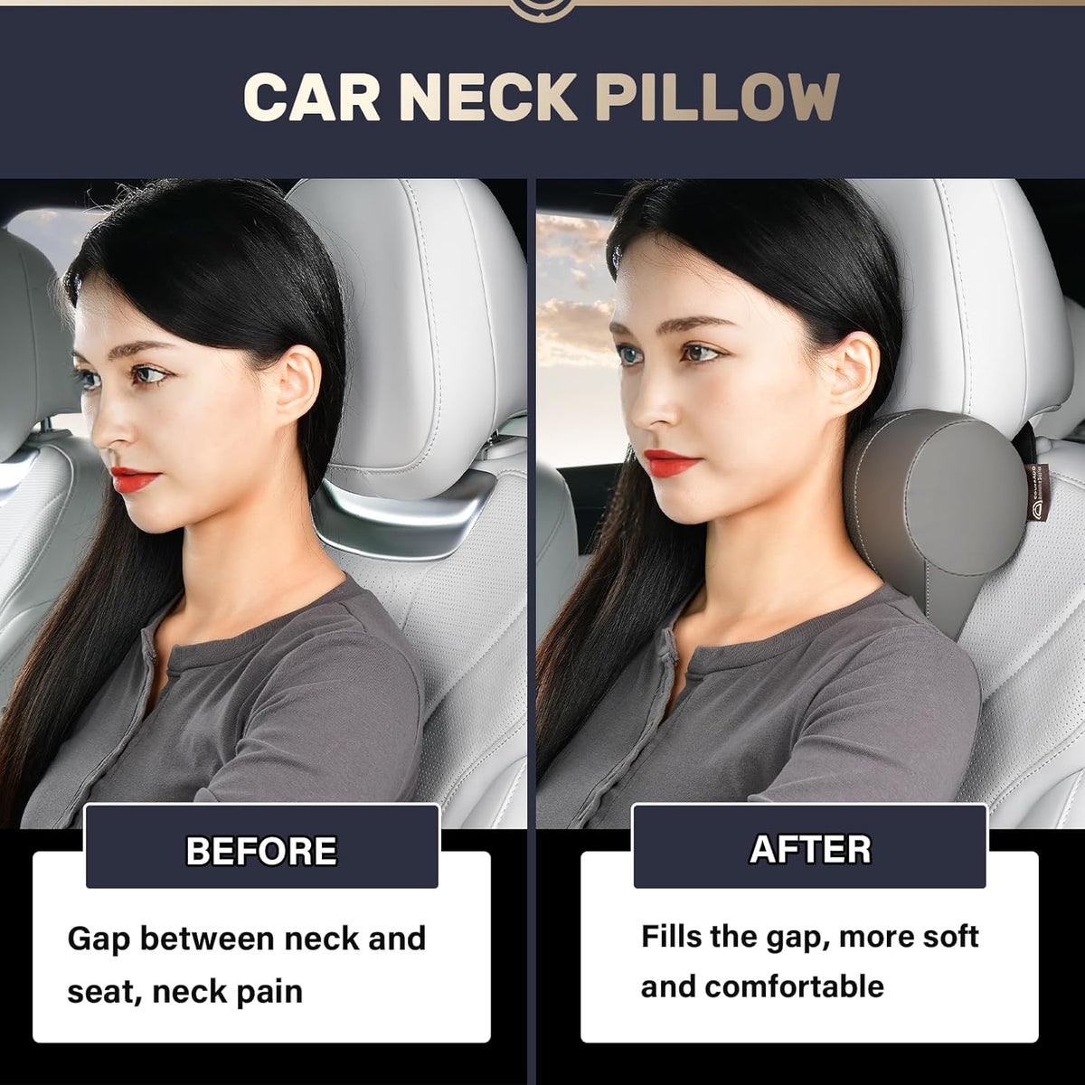 Coverado Car Headrest Pillow, Ergonomic Memory Foam Car Neck Pillow for Driving Seat with Adjustable Strap, Soft PU Leather Breathable Removable Cover Neck Support for Neck Pain Relief - Gray