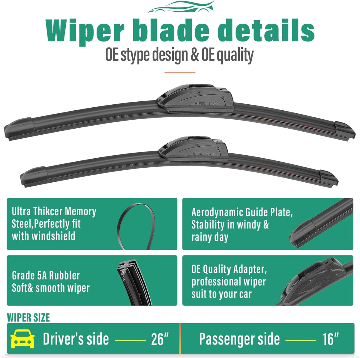 26" 16" 14" Windshield Wiper Blades Replacement for Mazda CX7 CX-7 2007 2008 2009 2010 2011 2012 Premium All Weather Front Rear Wipers Set - OEM Quality (Pack of 3)