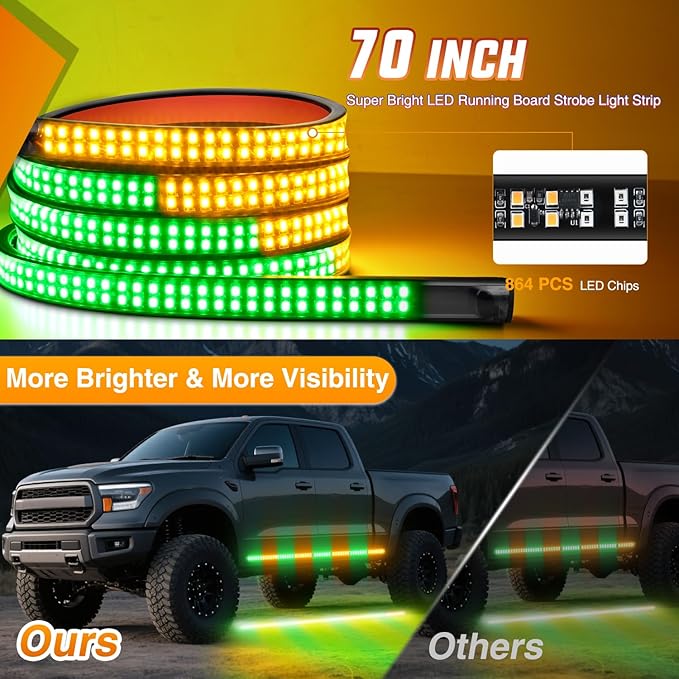 Nilight 2PCS 70 Inch Emergency Strobe Light Strip with Controller 864 LED Amber Green Running Board Lights Flexible Side Flashing Warning Caution Safety Waterproof for Truck Construction Pickup