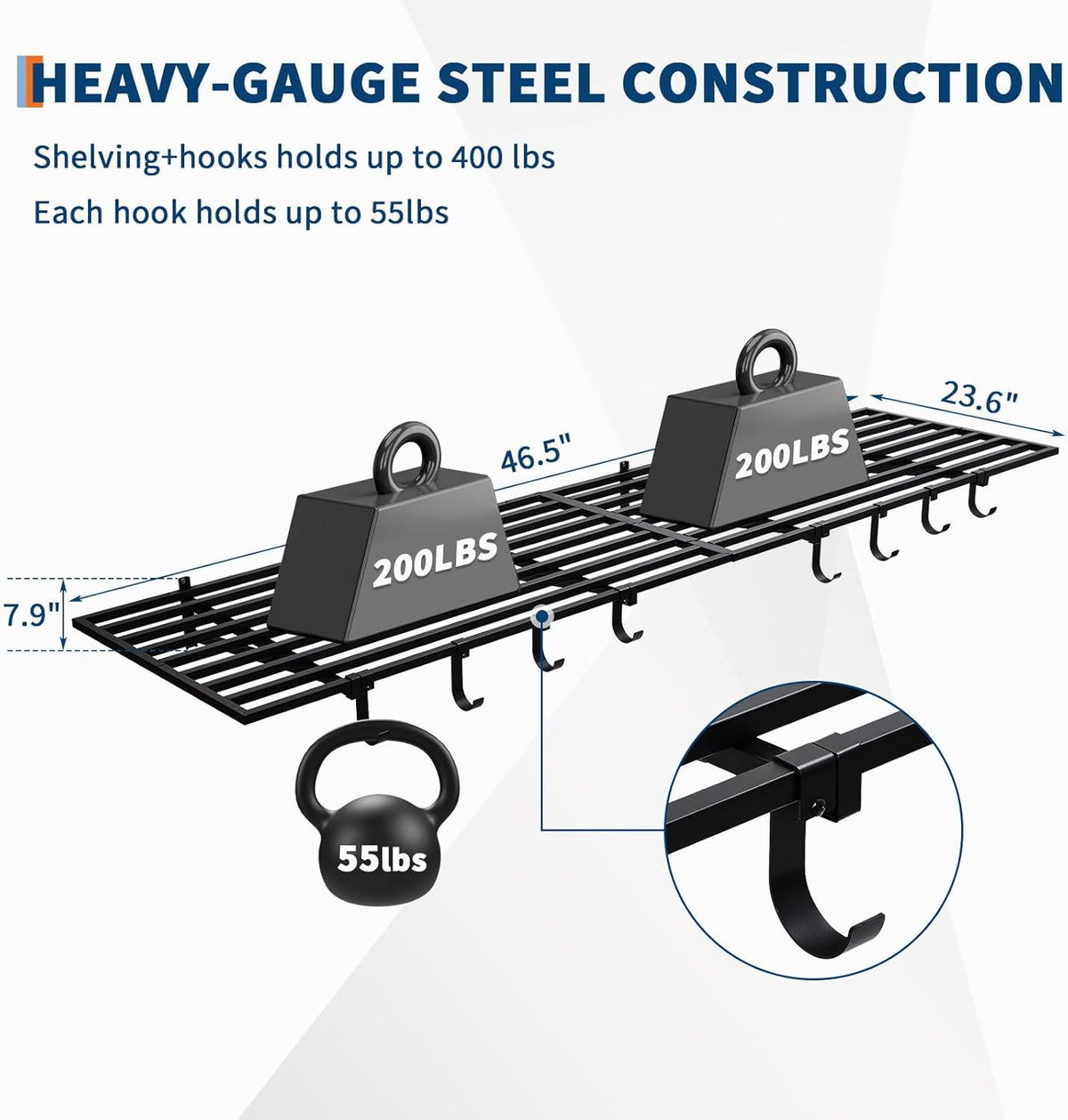 2 Pack Heavy Duty Garage Wall Shelves, 2x4ft Wall Mount Storage Shelf with Hooks, Shelf Warehouse Organization System, Rack Shelving, Holds 200 Lbs Each for Shop, Garage Storage