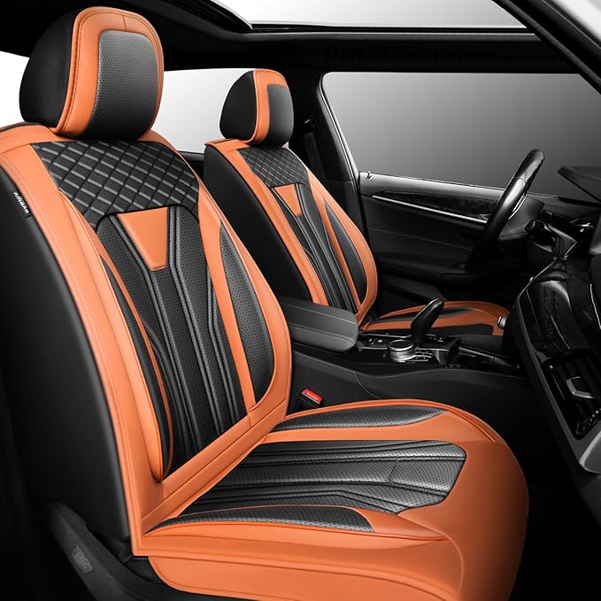 Fit Sonata Car Seat Covers Premium Leather for Hyundai Sonata 2007-2025 2026. Waterproof， Breathable, Scratch-Resistant & All-Weather Seat Cushion Protector（Front Seat,Orange&Black