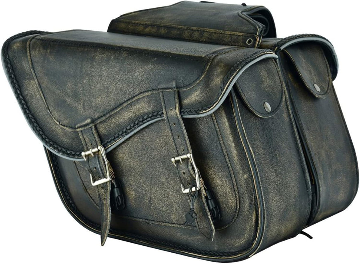 Dream Apparel Naked Cowhide Leather Motorcycle Saddle Bags Throw Over Saddlebags, Motorcycle Side Bags for Honda Shadow Sportster Softail Dyna V-star (Distressed Brown, No Studs)