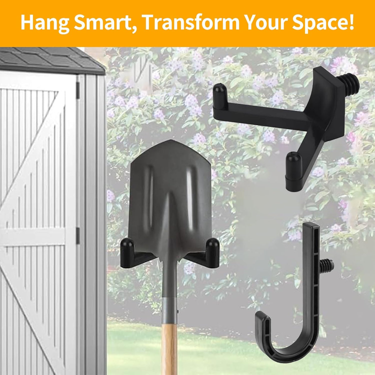 WIN&YING 6 Pack Storage Shed Hooks for Suncast, Black Single-Head J Hook & Double-Head V Hook Set, Storage Sheds Tool Hangers Organization Accessories for Hanging Shovels & Rakes & Scissors Tools