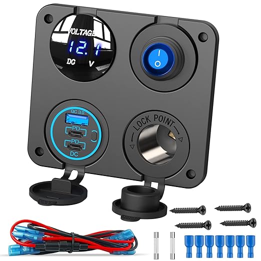 12V USB Outlet Socket Panel: (4 in 1) 58W Dual PD3.0 USB C 12V USB Charger 150W Marine Cigarette Lighter Socket 12v Splitter with Voltmeter Digital Display and Waterproof Rocker Toggle Switch 15A Fuse