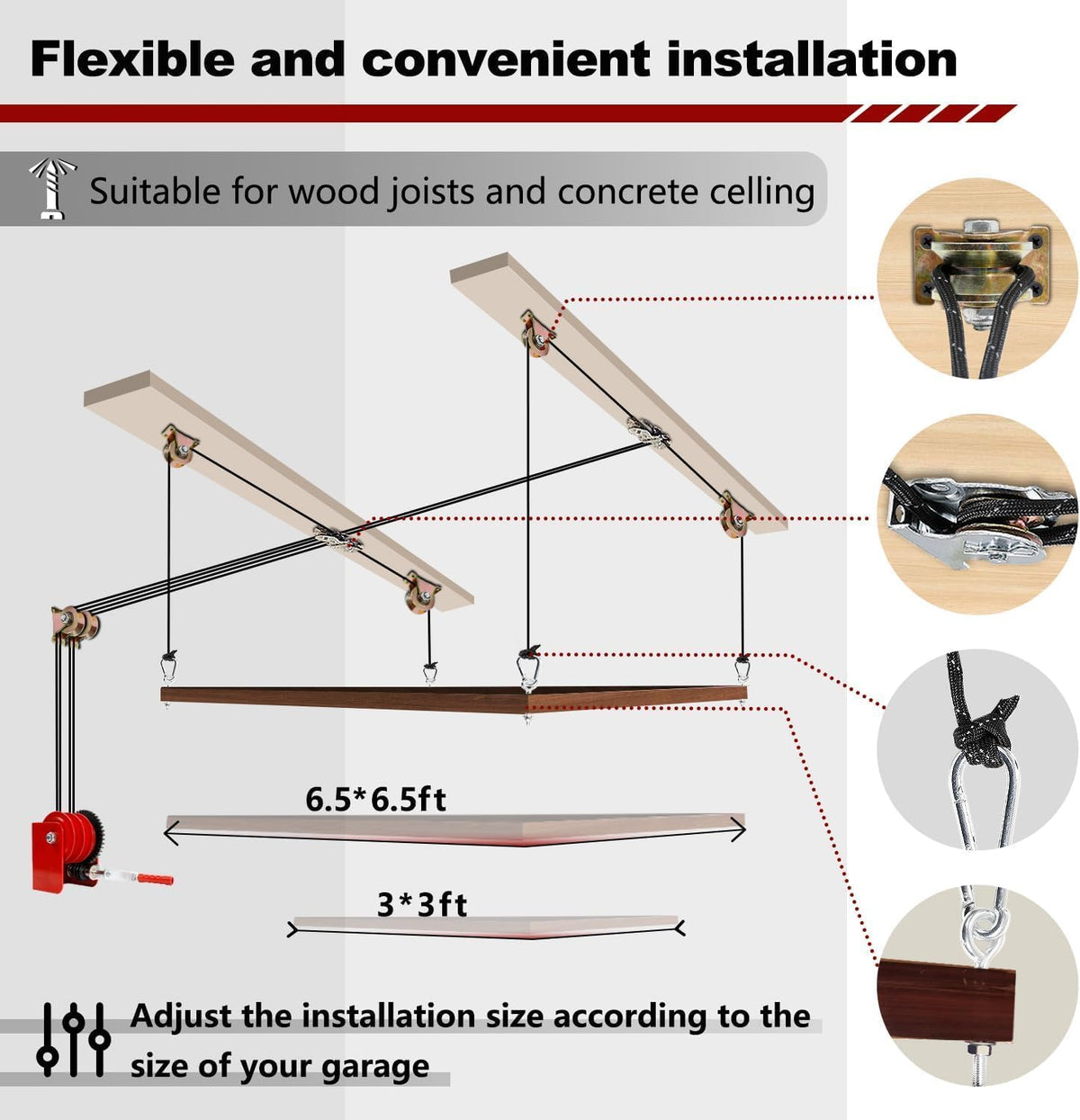 Overhead Garage Storage Lift - Heavy Duty Ceiling Mounted Garage Storage Lift System for Organization - 300lbs Weight, Supports 8-16ft Ceilings, Compatible Bronco, Weight, Wrangler (Deck Not Includ)