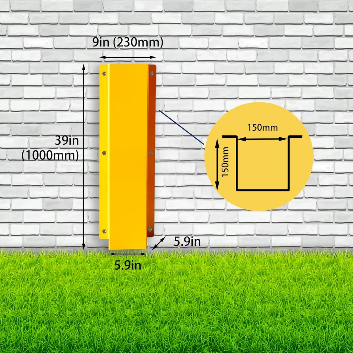 Pipe and Downspout Protector, Carbon Steel Guard Device, 39" H x 9" W x 6" D ，Yellow