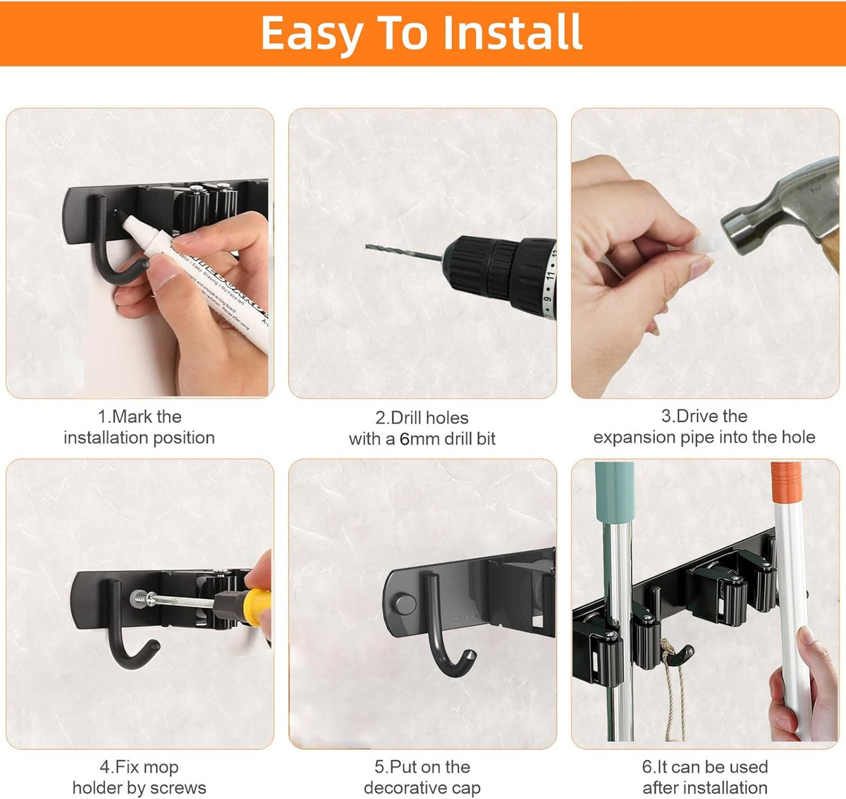 Mop and Broom Holder Wall Mount, Upgraded Broom Organizer Wall Mount, Stainless Steel Broom Hanger Wall Mount for Kitchen Garden Laundry Room Decor(4 Racks with 5 Hooks Black)