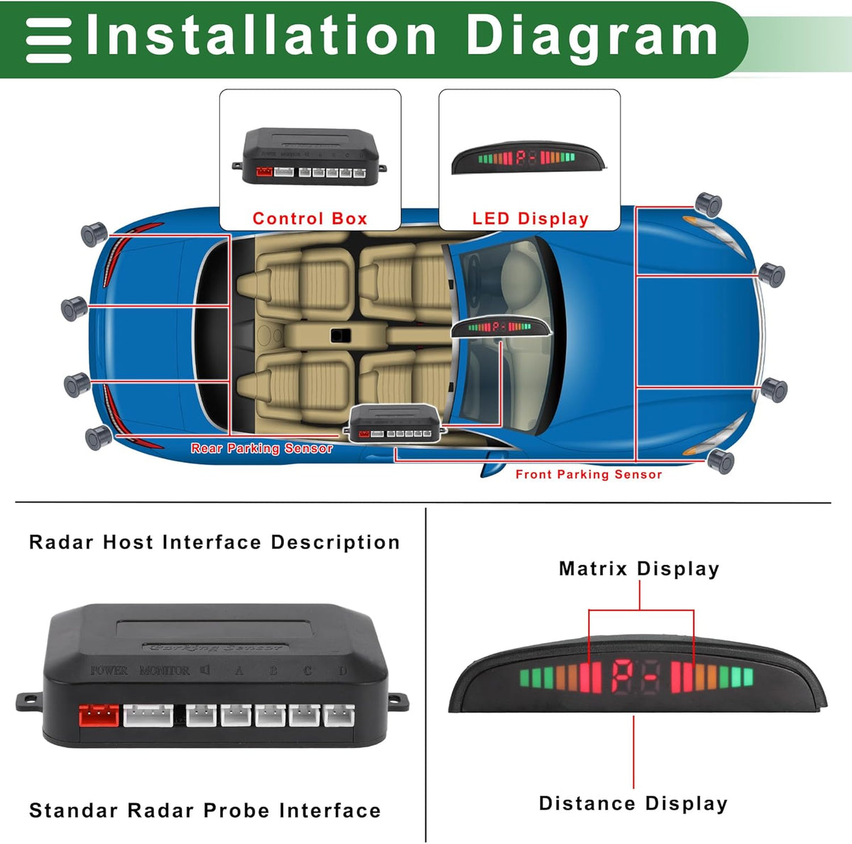 Motoforti Universal Car Auto Vehicle Reverse Backup Radar System Reverse Parking Sensors Alarm Buzzer Reminder Distance Detection Gray 8 Parking Sensors