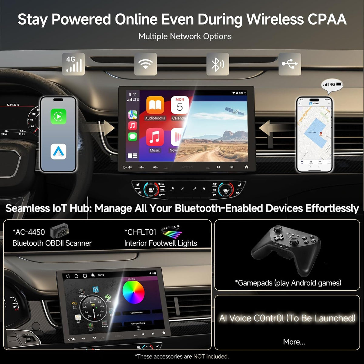 10" Android Car Stereo for Double Din & Single Din, Floating Screen Head Unit with 4G LTE, Dual BT, Wireless CarPlay&Android Auto, AI-Chat, 4G+32G, Backup Camera with Live Rear View