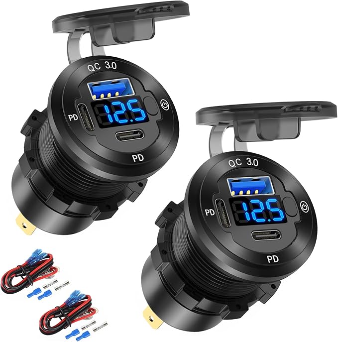 2 PACK 12V USB Car Socket Round USB C 12V Outlet, 3-Port Marine Fast Charger Waterproof Cigarette Outlet Replacement Aluminum with Switch and Voltmeter, Suitable for Boat Golf Cart RV Motorcycle